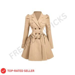 Women's Trench Coat Double Breasted Puff Sleeve A Line Jacket Outerwear